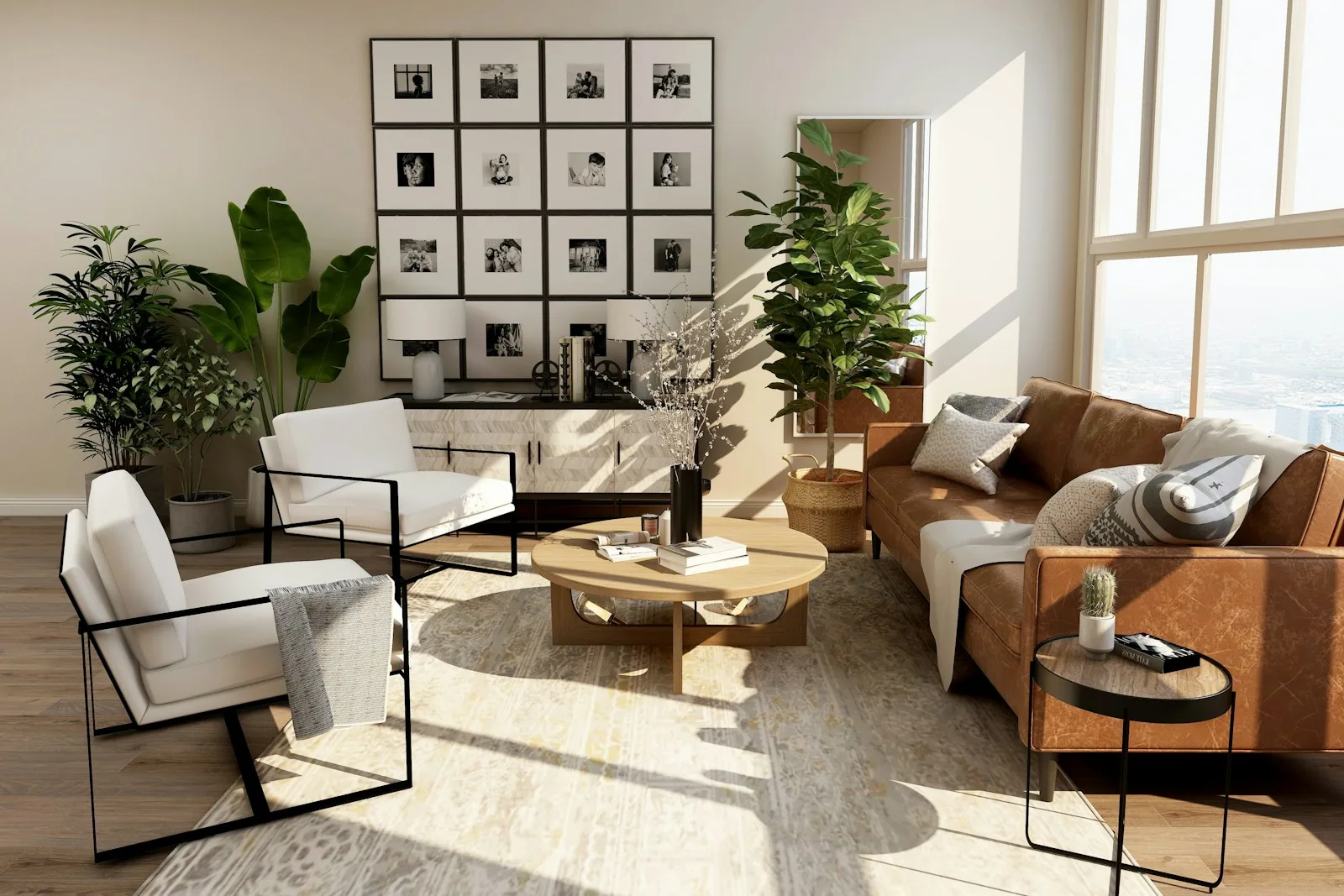 A warm sitting room with leather chairs, a gallery wall and tall windows throwing afternoon light across the floor.